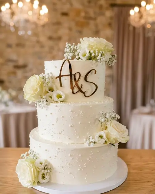 Bijela svadbena torta na tri sprata sa inicijalima A&S