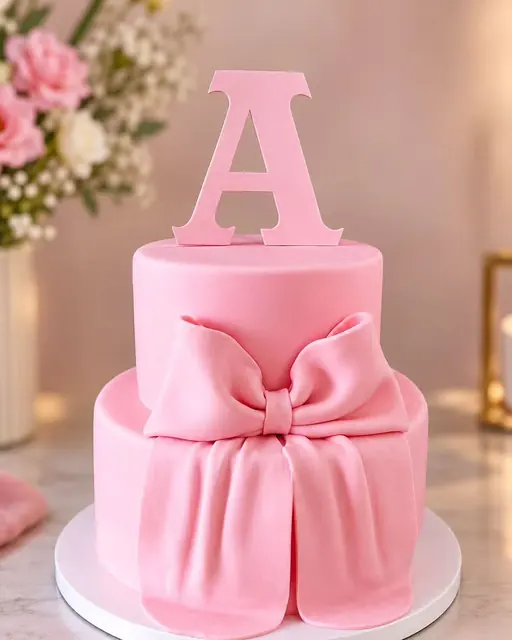 Roze torta sa velikom mašnom i inicijalom A